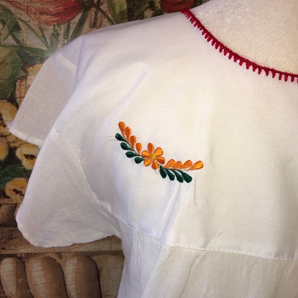 Sz L Mexican White Floral Embroidered S/S Shirt - Picture 10 of 12